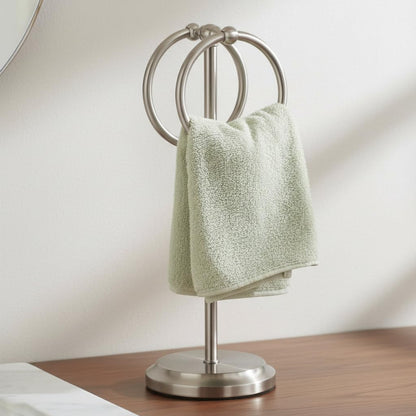 J&V TEXTILES Steel Towel Rack Holder Stand with 2 Hanging Rings for Bathroom Vanity Countertops - Space Saving Hand Towel Holder (Brushed Satin Nickel)