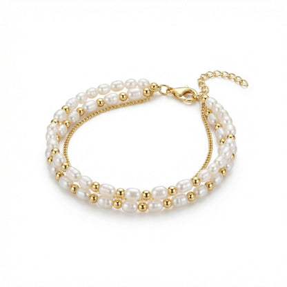 Pearl Bracelets for Women - 3 Pcs Gold Tone Dainty Beaded Bracelet Set - Minimalist Layered Simulated Pearl Link Chain Jewelry for Wedding Bridesmaid Party (White & Gold)
