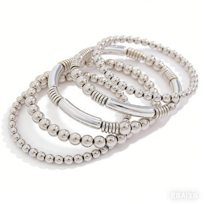 LXSSLY 5Pcs Silver Bangles Bracelets Set for Women,14K Gold Plated Stackable Bead Ball Bracelets Set,Adjustable Bead Bracelets,Boho Stretch Bead Ball Bracelet for Women