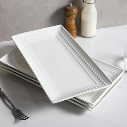 Feenmai 14 inch Ceramic Serving Platter - Rectangular Serving Trays Set of 4, Large Embossed Plates, Porcelain White Platters for Steak, Appetizer, Dessert, Tacos, Housewarming, Oven Dishwasher Safe