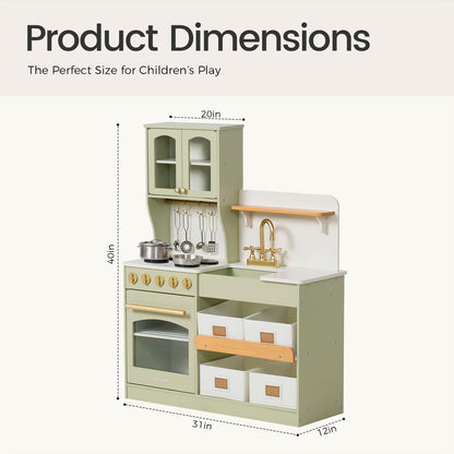 Tiny Land Wooden Play Kitchen for Kids – Enhanced Storage with Cabinets & Bins, Modern Toddler Kitchen Playset with Stove, Sink & Accessories
