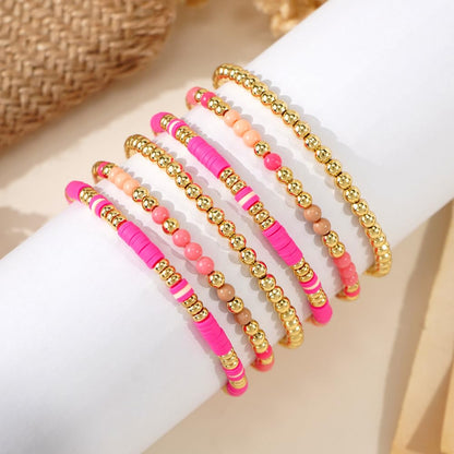 Bohxantium Gold Beaded Friendship Bracelets Stack for Women Boho Pink Heishi Clay 14K Gold Plated Beads Ball Stackable Stretch Surfer Colorful Preppy Bracelet Trendy Jewelry Daily Wear Birthday Gift