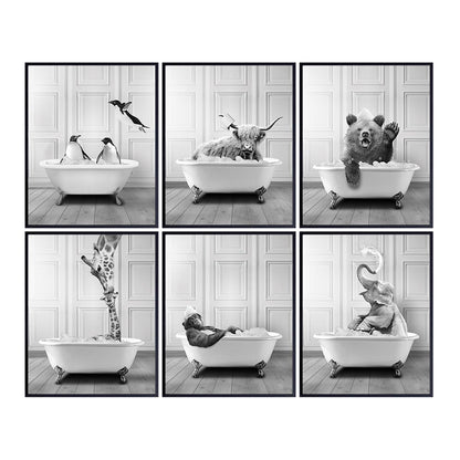 Cute Bathroom Wall Art & Decor - Funny Bathroom Decor for Women, Kids - Cow Elephant Bear Giraffe Penguin Wall Art Set - Bath Pictures - Bath Wall Decor - Accessories - Powder room Sign