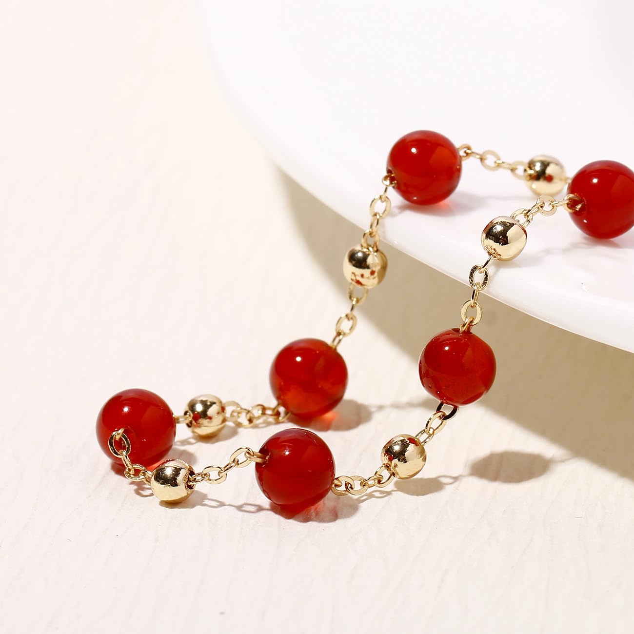 Xfoxstal 14K Gold Plated Chain Bracelets for Women Crystals and Stones Beaded Bracelets Jewelry Adjustable (Red Agate)