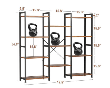 Casaottima Triple 4 Tier Bookshelf, Large Bookcase with 11 Open Display Shelves, Modern Industrial Book Shelves Book Case for Bedroom, Wide Standing Shelving Unit for Living Room Home Office, Vintage
