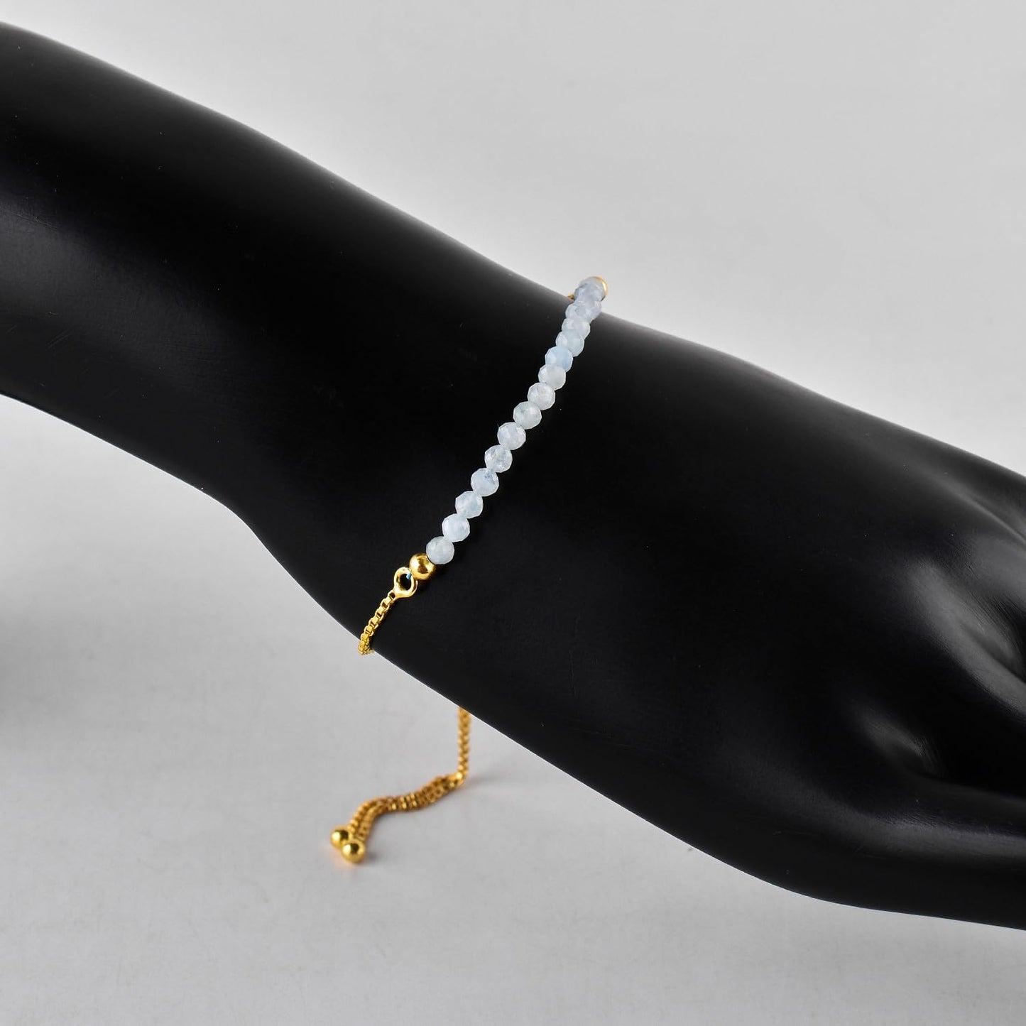 QNAVIC Natural Blue Aquamarine Gemstone Micro Beaded Dainty Slider Bolo Bracelet, Handmade Jewelry for women, Healing Chakra Crystals Birthstone Gift for Her, 14K Gold Plated Chain 6-9 inch