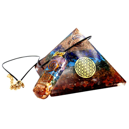 Real Crystal Chakra Pyramid - Seven Chakra Pyramid - Orgonite Pyramid for Energy Healing - Orgonite Kit - Protection with Seven Chakra Orgonite Necklace