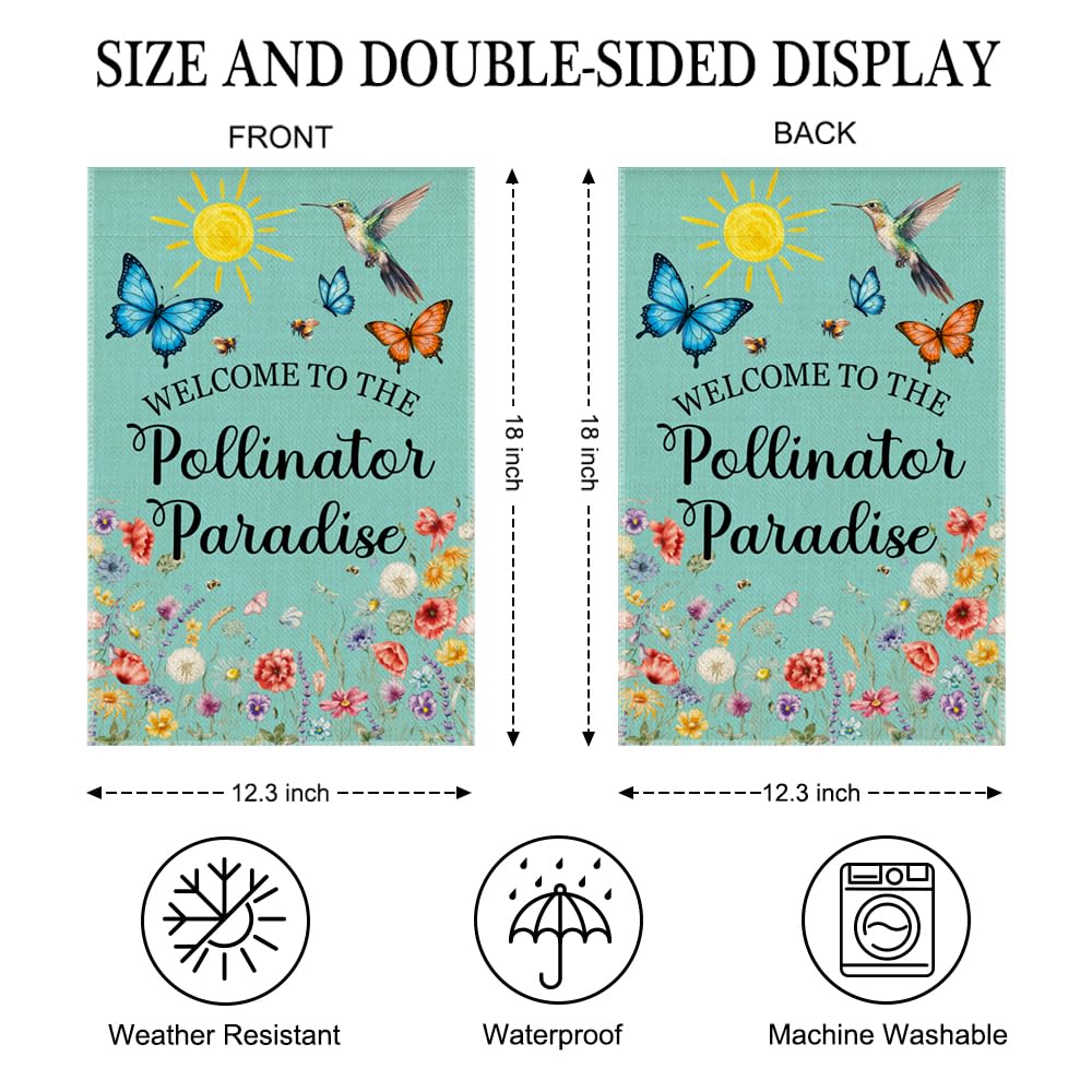 JQYCJTR Welcome To The Pollinator Paradise Garden Flag Double Sided Yard Outdoor Decoration 12x18 Inch, Birds And Plants Welcome Yard Garden Flag, Gardener's Lover Porch Decoration Banner