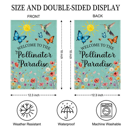 JQYCJTR Welcome To The Pollinator Paradise Garden Flag Double Sided Yard Outdoor Decoration 12x18 Inch, Birds And Plants Welcome Yard Garden Flag, Gardener's Lover Porch Decoration Banner