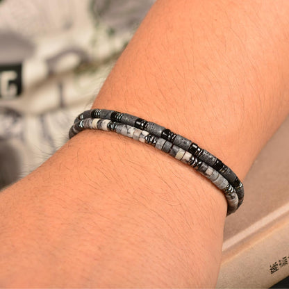 Casvia Men's Hematite & Black Grid Stone Beaded Bracelet, Adjustable Stainless Steel, Thickened Steel Wire Handmade Original Rugged Jewelry, Birthday Gift for Dad & Boyfriend