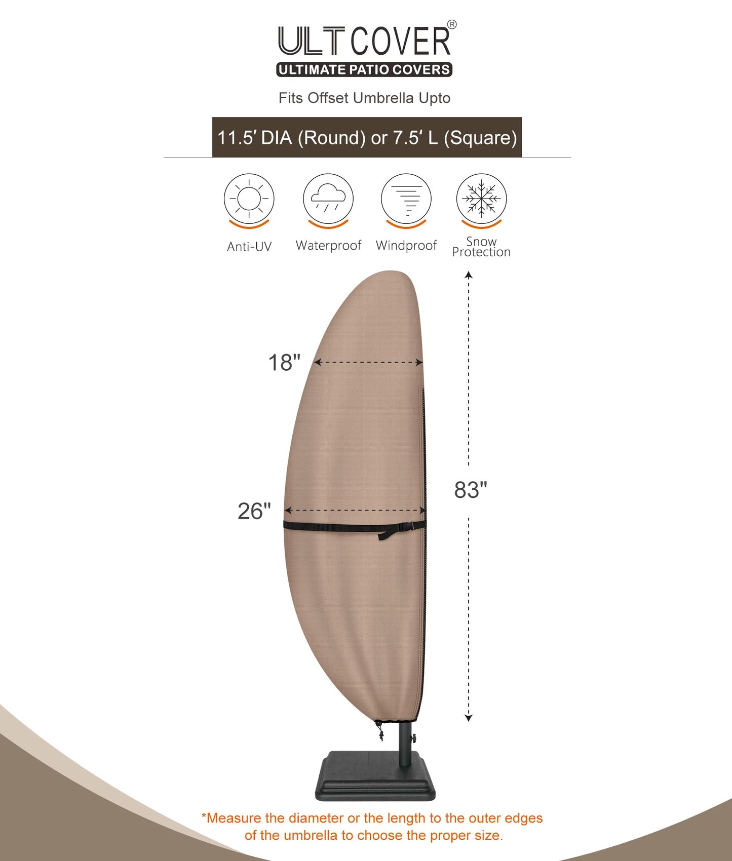 ULTCOVER Patio Parasol 600D Waterproof Outdoor Offset Banana Style Umbrella Cover - Fits Cantilever Offset Umbrella 7.5-11.5 Feet