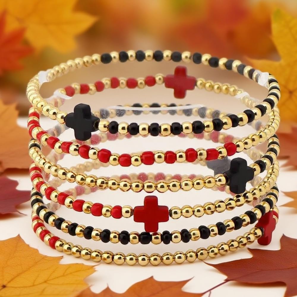 Bohxantium Gold Beaded Bracelets for Women Stackable Boho Gold Plated Red Black Seed Beads Ball Cross Bracelets Stack Elastic Stretch Trendy Jewelry Accessories Non Tarnish Friendship Christian Gift