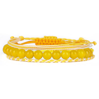 QOGIR Handmade Healing Bracelets,8mm Natural Yellow Agate Gem Stone Beads Bracelet for Men Women Gifts with 2PCS Size Adjustable Rope Bracelets