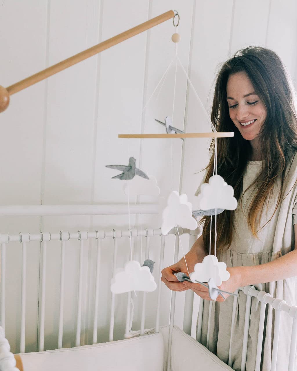 Baby Crib Mobile – Wooden Hanging Nursery Baby Mobile for Crib, Nursery Decor for Boys & Girls, Perfect Shower Gift (Grey Birds w/Garland) Also Fits Bassinets, Sorrel + Fern