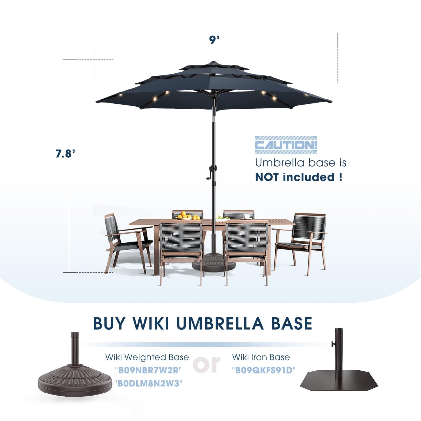 wikiwiki 9FT 3Tiers Solar Led Patio Umbrella, Sturdy Outdoor Market Umbrella for Deck, Pool, Garden w/Tilt, Crank, 32 LED Lights, Navy Blue