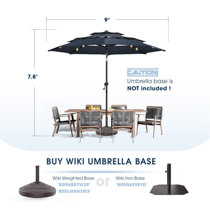 wikiwiki 9FT 3Tiers Solar Led Patio Umbrella, Sturdy Outdoor Market Umbrella for Deck, Pool, Garden w/Tilt, Crank, 32 LED Lights, Navy Blue