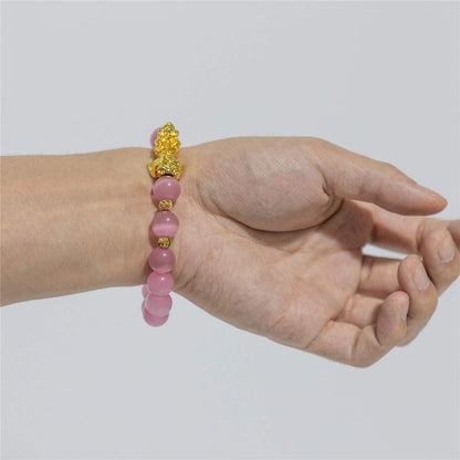 ZenBless Feng Shui Bracelet Cat Eye Bead Bracelet with Gold Plated Pi Xiu/Pi Yao Attract Wealth and Good Luck Amulet Gift(Pink L)