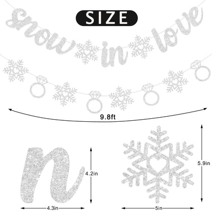 Pre-Strung Snow in Love Banner Glitter Winter Bridal Shower Decorations Banner Snowflake Ring Garland for Winter Christmas Wedding Decor Engagement Party Decorations (Silver)