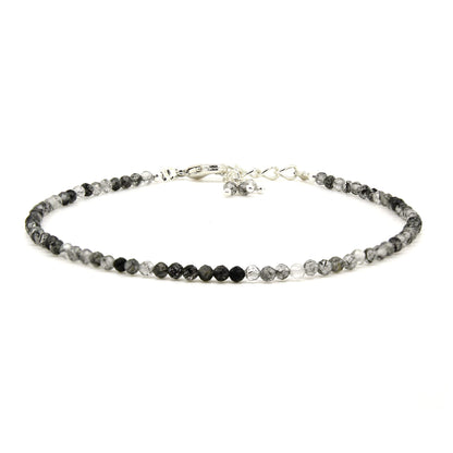 Gempires Handmade Black Rutilated Quartz Gemstone Beaded Bracelet for Women | 2.4–2.5 mm Faceted Natural Stone | Adjustable 7+1 Inch Silver Plated Chain | Dainty Minimalist Stacking Jewelry | Unique Crystal Gift