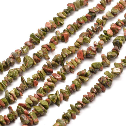 HAAMIIQII 5-8mm Natural Unakite Jasper Chips Loose Gemstone Beads for Jewelry Making - Irregular Chip Stones Energy Healing Strand 30 Inch