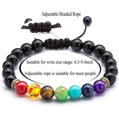 GelConnie 7 Chakra Bracelets 8mm Black Agate Chakra Stone Healing Crystal Bracelet Braided Rope Yoga Bead Bracelets Meditation Relief Anxiety Bangle Relax Energy Balance Gift for Women, Men