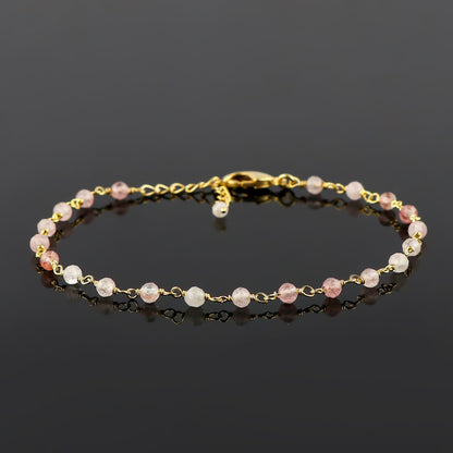 CRYSTALINES Natural Strawberry Quartz Gemstone Cluster Bracelet, Handmade Boho Jewelry for Women, 14K Gold Plated Rosary Chain Beads, Healing Crystals & Stones, Birthday Christmas Gift 8"