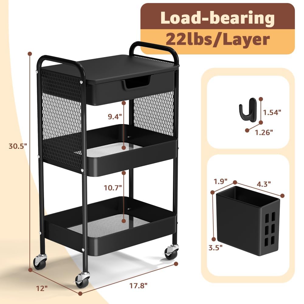 HIDODO 3 Tier Rolling Cart with Drawer, Metal Rolling Utility Cart on Wheels with Pegboard, Art Cart Storage Organizer with Tabletop for Living Room, Office, Bedroom (Black)