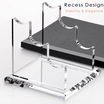 YUXUN Acrylic Pen Holder for Desk - Horizontal Three Pen Display Stand with 8mm Thick Base | Fountain Pen Rest, Apple Pencil Stand, Crystal-Clear Desk Organizer