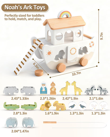 WoodsyJoy Wooden Noah’s Ark Toy for Toddlers 1-3, Baptism Christening Gifts for Boys Girls, Christian Toy Animal Shape Sorter, Baby Birthday