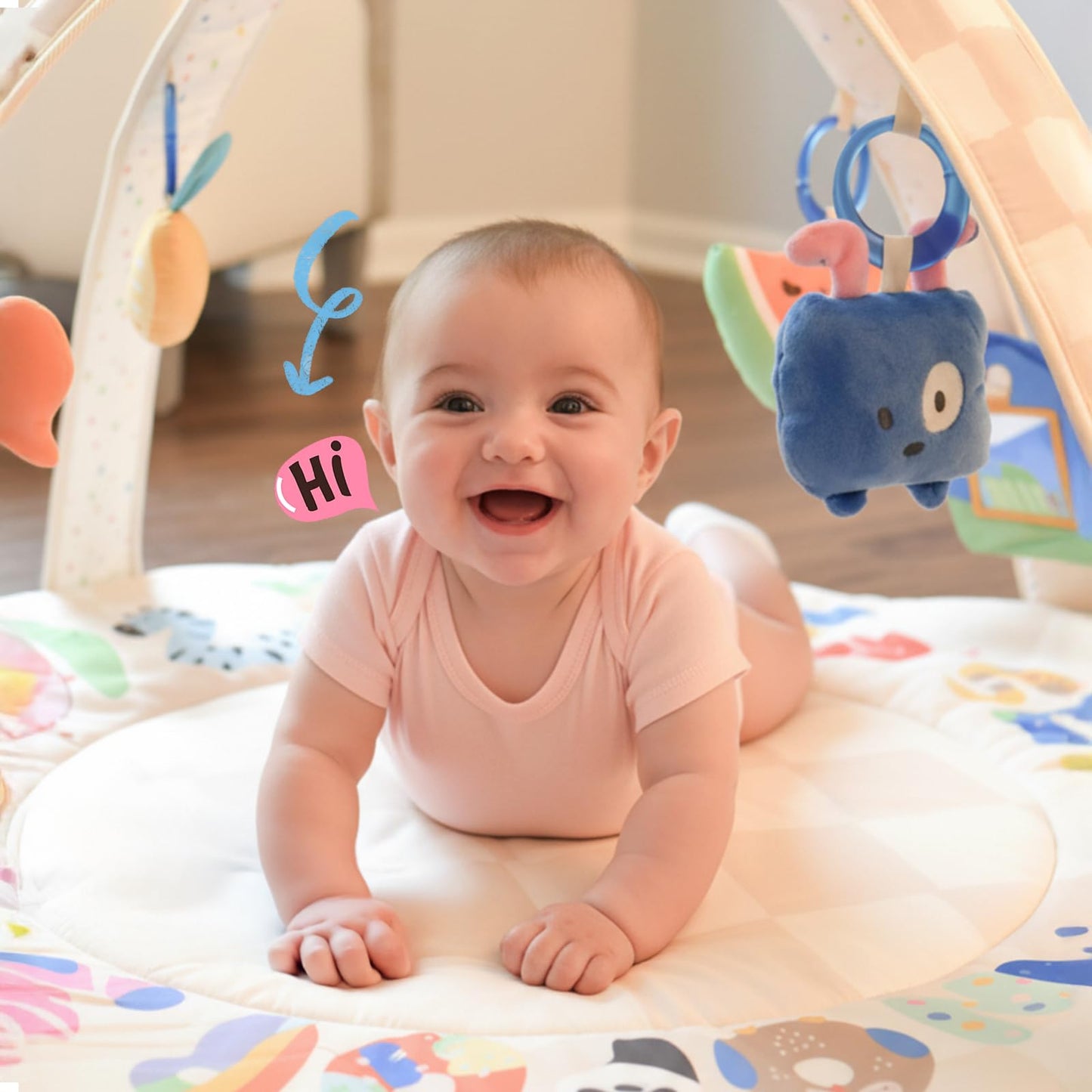 Baby Play Gym & Activity Mat with Light-up Musical Arch, Washable Tummy Time Mat with 6 Detachable Sensory Toys for Motor Skills, Baby Essentials Shower Gift - ABC123