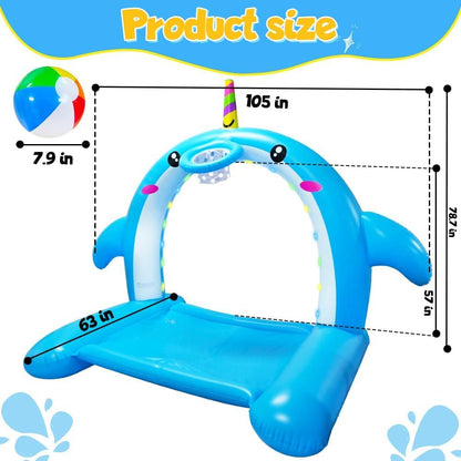 8.7FT Inflatable Whale Sprinkler Water Toys with Basketball Hoop Arch, 3-in-1 Large Splash Pad for Kids & Dogs, 16 LED Lights, Thickened Mat Toys for Outdoor Backyard & Garden Summer Fun