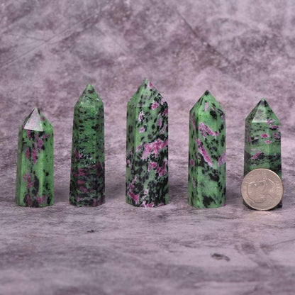 Angelstones Natural Green Ruby Zoisite Gemstone Healing Crystal Hexagonal Pointed Reiki Chakra Faceted Prism Wand Carved Stone Figurine Home Decor