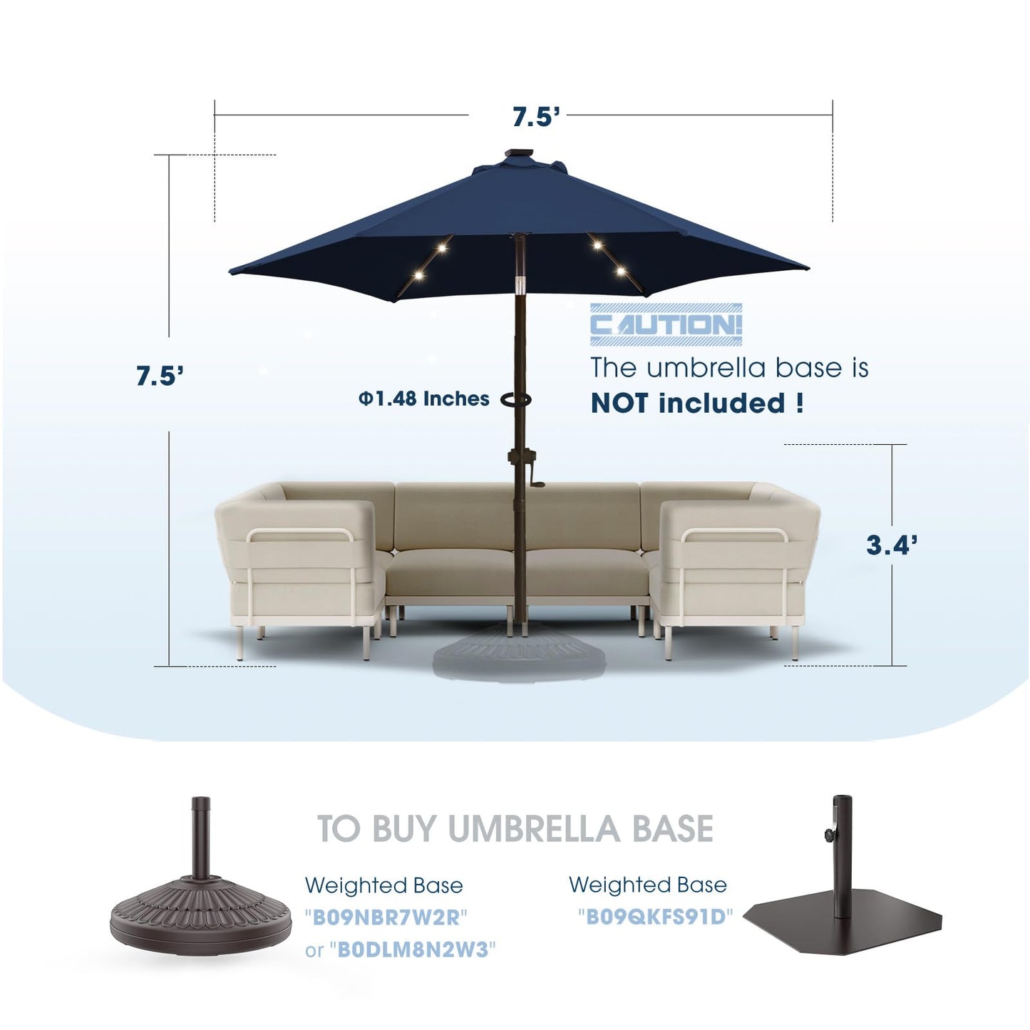 wikiwiki 7.5ft Solar Led Patio Umbrella, Sturdy Outdoor Market Umbrella for Deck, Pool, Garden w/Tilt, Crank, 18 LED Lights, Navy Blue