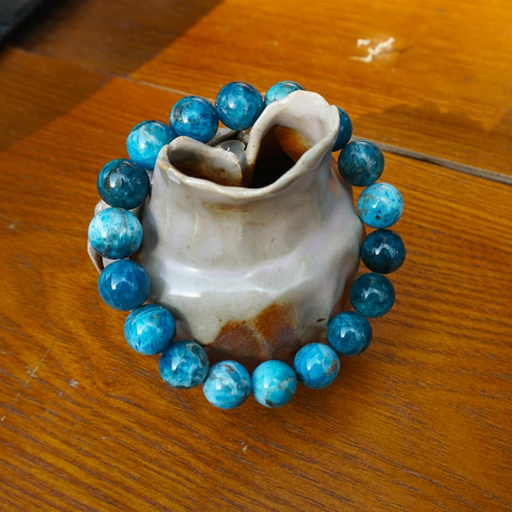 TaHLga 12MM Blue Apatite Crystal Bracelet for Women Men | Natural Throat Chakra Stone | Weight Management & Manifestation | Fits for 7-7.5" Medium Wrist Size