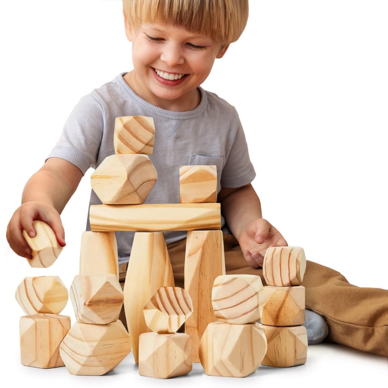 Panda Brothers Wooden Balancing Stones - Montessori Toys for 3 4 5 Year Old Kids and Toddlers Learning Sensory Toy, 20 Large Size Wooden Building Blocks Set of Stacking Stones for Kids Pine Wood Rocks