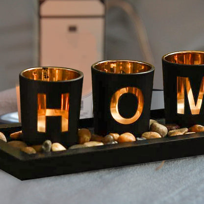 MrMrKura Home Decorative Candle Holder Set, 4 Glass Tea Light Candleholders with Wooden Candle Holders Tray, Natural Pebbles for Home Decor Table Decorations Centerpiece