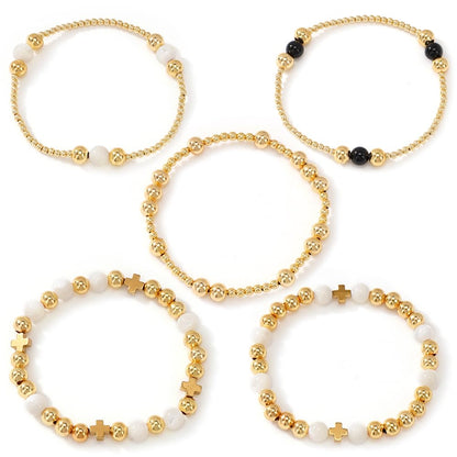Bohxantium Gold Cross Beaded Bracelets for Women Handmade Boho Stretch Stackable 14K Gold Plated Glass Round Beads Ball Bracelet Stack Non Tarnish Trendy Jewelry Set Accessories Christian Gift