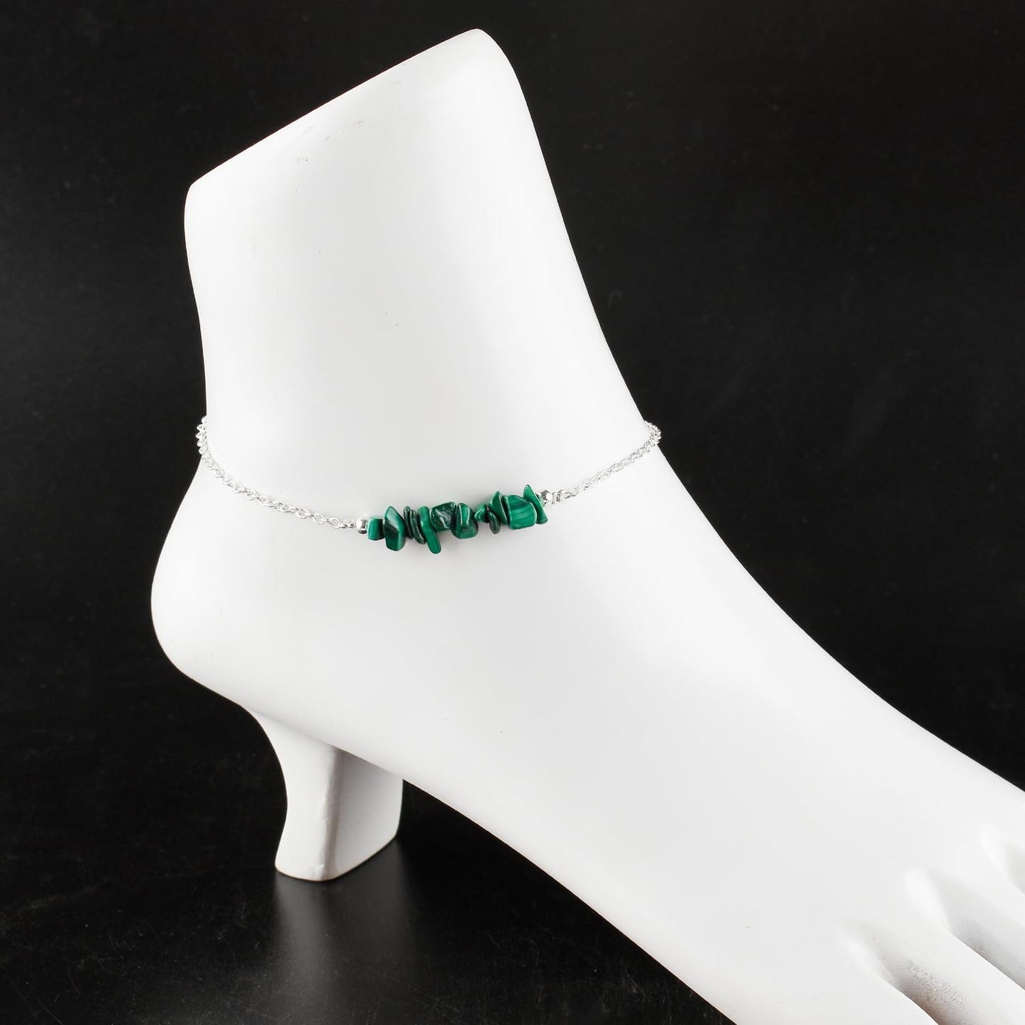 Yanara Malachite Anklets Nuggets Ankle Bracelets for Women Natural Birthstone Silver Plated Jewelry in 9” +1.5” inch Chakra Crystals Valentines Day Gifts For Her