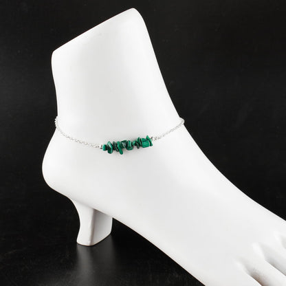 Yanara Malachite Anklets Nuggets Ankle Bracelets for Women Natural Birthstone Silver Plated Jewelry in 9” +1.5” inch Chakra Crystals Valentines Day Gifts For Her