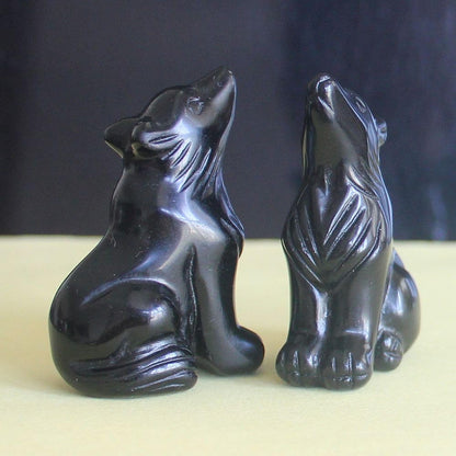 HLbshi Hand Carved Gemstone Crystal Wolf Figurine Animal Statue Carving Office Home Decor Collections 2'' (Black Obsidian)