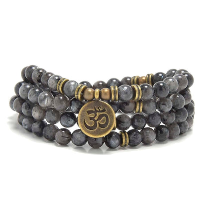 oasymala 108 Mala Beads Bracelet with om Charm – Healing Stone Meditation Bracelet for Yoga & Prayer, 6mm Beads, Handmade, Gold-Plated OM Charm (Labradorite)