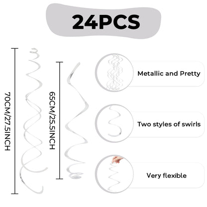24 PCS Silver Foil Hanging Swirl, Sparkle Ceiling Hanging Decorations, Plastic Streamer Party Decorations, Swirl Decorations with Double-Swirls and Single-Swirls for Birthday,Happy New Years