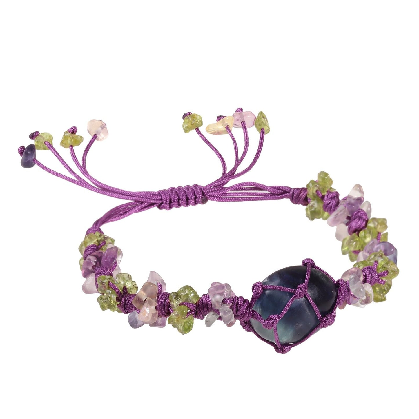 TUMBEELLUWA Natural Crystal Chips Bracelet Boho Woven Knotted Braided Crystal Holder Bracelets Trendy Chakra Jewelry Gift for Women Men, Fluorite & Olivine