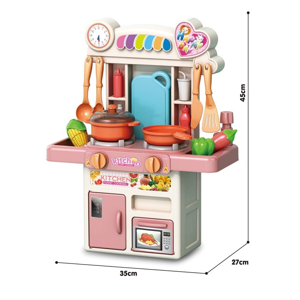 R REVA Cooking Kitchen Set Toy - 33PCS Mini Kitchen Playset for Kids with Water Spray, Light & Sound Effects - Toddler Pretend Play Appliances, Sink & Miniature Food, Educational Gift for Girls & Boys