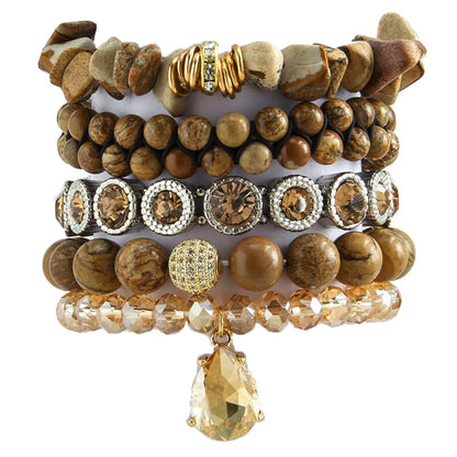 Yomisa Boho Beaded Bracelets for Women,Multilayer Wrap 5PCS Healing Natural Jasper Stone Bead Bracelets Handmade Stackable Friendship Stretchy Beaded Bracelet Set Trendy Bohemian Jewelry Gift Women