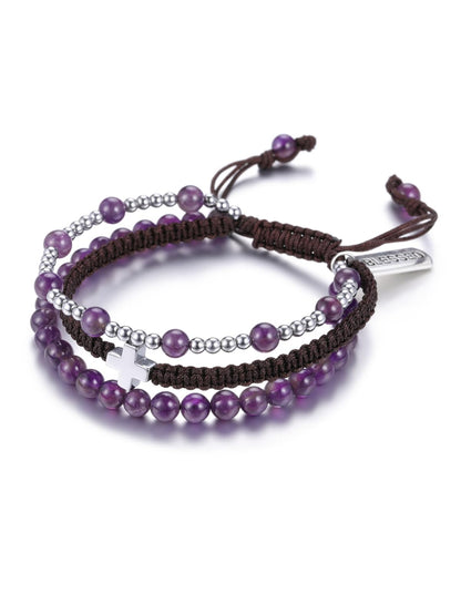 Top Plaza Healing Amethyst Crystal Bracelets for Women Men Cross Bracelet 3 in 1 Handmade Natural Gemstone Beads Bracelet Blessed Bracelets Braided Protection Jewelry Gifts