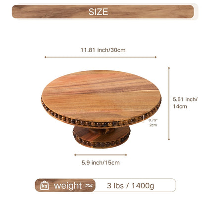 THORNIA Acacia Wood Cake Stand with Handcrafted Beaded Edge - 12 inch Round Decorative Tray & Display Stand for Wedding, Rustic Home Decor, Centerpiece, Desserts, Vanity or Coffee Table