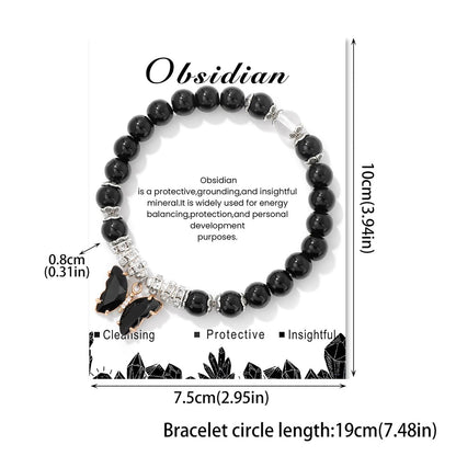 Black Tourmaline Bracelet for Women 8mm Adjustable Butterfly Charm Bracelet Black Crystal Bracelet Obsidian Bracelet Black Onyx Bracelet Black Obsidian Jewelry for Women
