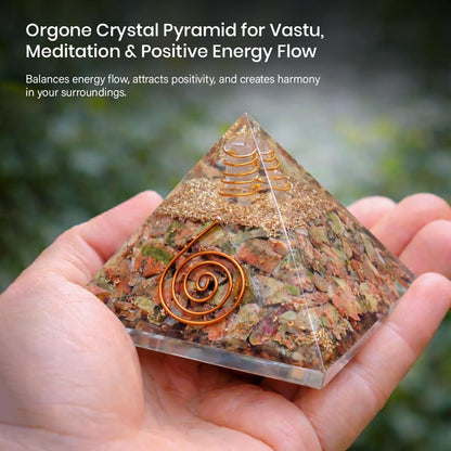 Crocon® Unakite Orgone Pyramid Healing Crystals Stone Orgonite Gemstone Pyramid Stones Reiki Crystal Good Luck Charms Meditation Chakra Organite Home Decor Spiritual Gifts Size 2.5 Inch App.
