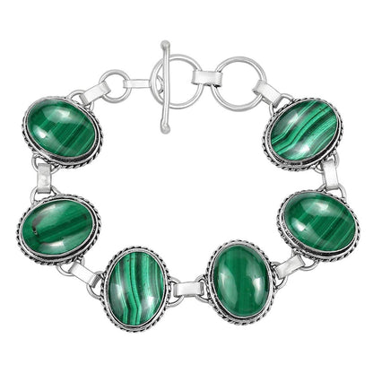 Natural Malachite Silver Plated Handmade Link Bracelet for Women - April Birthstone Oval Gemstone Adjustable Bracelet Vintage Style Bohemian Jewelry - Gifts for Mom Wife Sister Her